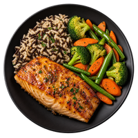 Saumon laqué à l’érable et Dijon, riz sauvage et légumes