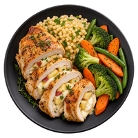 Poitrine de poulet farcie aux pommes et au brie, couscous perlé et légumes