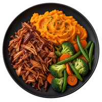 Porc effiloché barbecue fumé, purée de patates douces et légumes